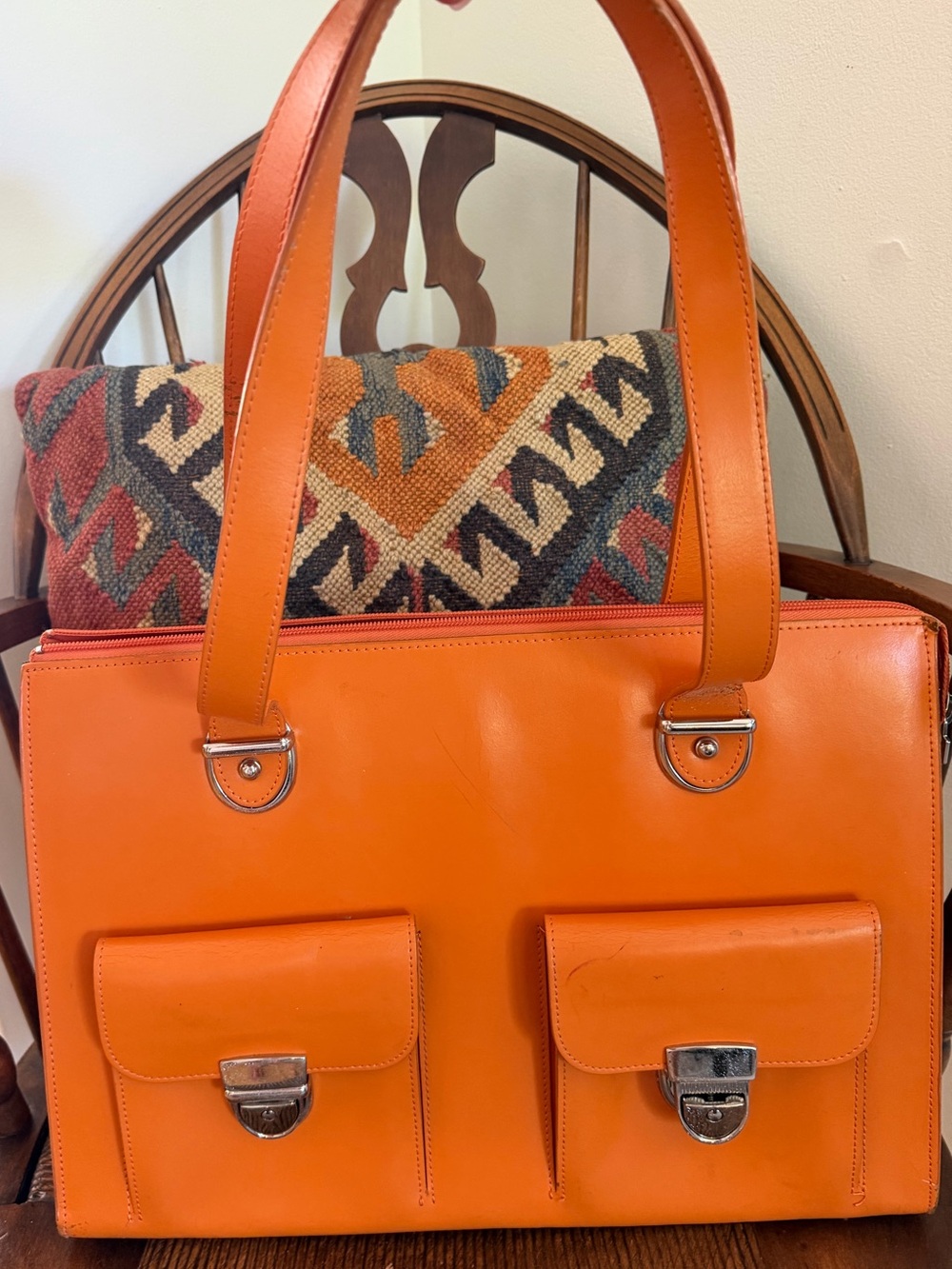 Jack Georges Orange Leather Structured Satchel Tote Briefcase Double Pocket